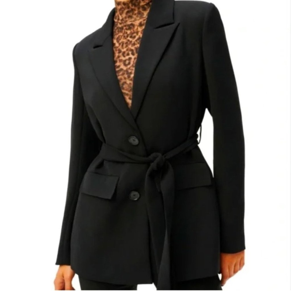 Good American Tie Waist Trench Blazer, Black, Size 2/M